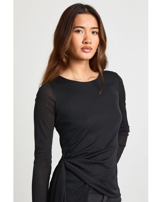 Boohoo Black Double Layered Textured Mesh Drape Front Long Sleeve Top