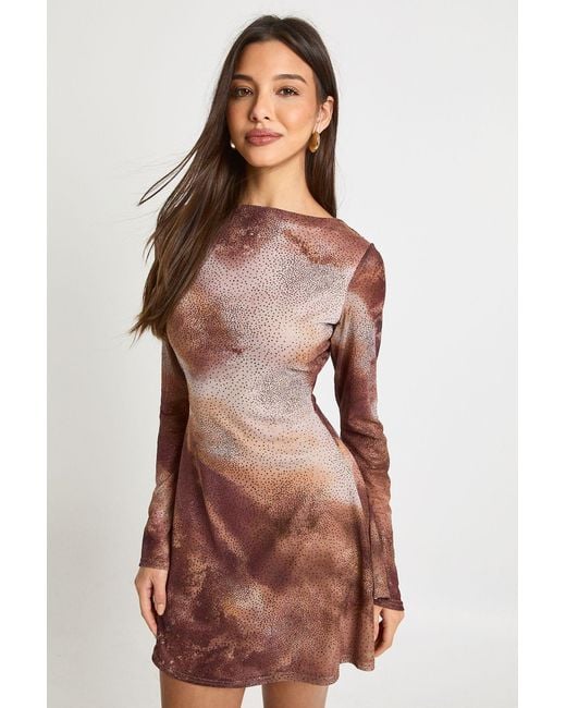 Boohoo Brown Printed Glitter Sequin Slash Neck Flare Sleeve Mini Dress
