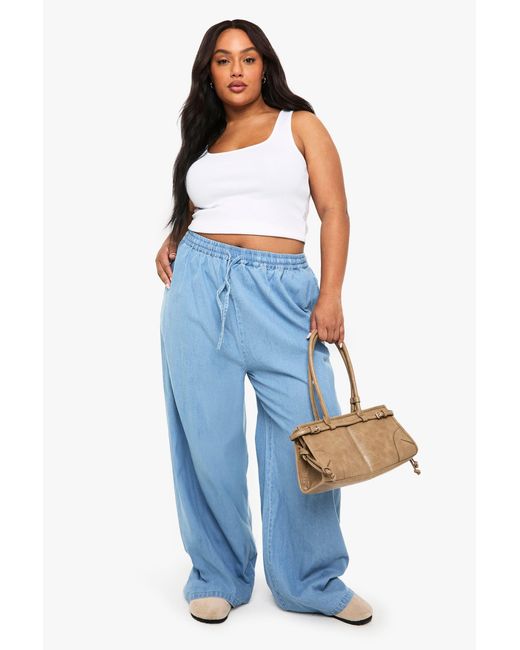 Boohoo Blue Plus Chambray Drawstring Wide Leg Trouser