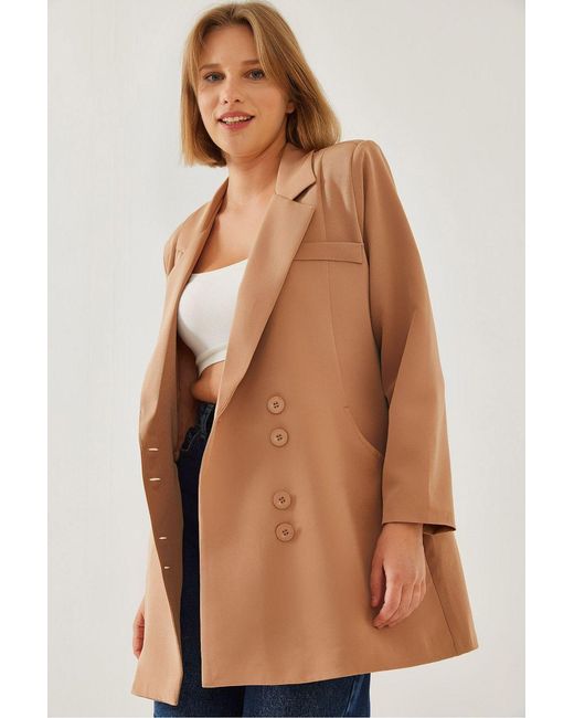 Bianco Lucci Brown Double Breasted Long Blazer With Faux Leather Details