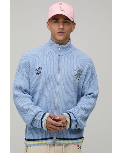 BoohooMAN Blue Funnel Neck Ribbed Embroidered Knitted Track Jacket for men