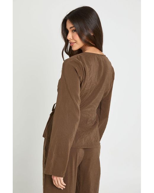 Boohoo Brown Long Sleeve Wrap Over Tie Waist Top