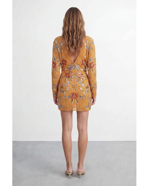 Warehouse Yellow Premium Hand Embellished Plunge Mini Dress With Kimono Sleeve