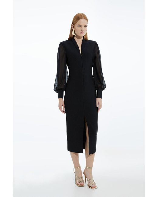 Karen Millen Black Bandage Figure Form Zip Detail Chiffon Sleeve Knit Dress
