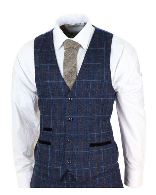 Paul Andrew Blue 3 Piece Tweed Check Vintage Suit for men