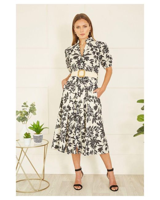 Yumi' Natural Premium Leaf Print Broderie Anglaise Cotton Midi Shirt Dress With Matching Belt