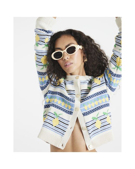 River Island Blue Cardigan Stripe Knitted Lemon Cotton