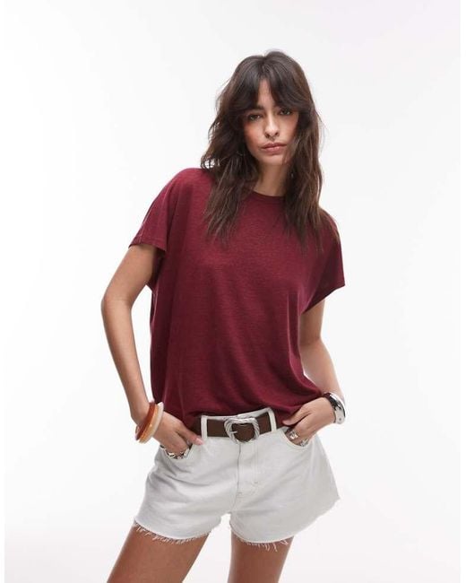 ARKET Red Linen Blend T-Shirt With Cap Sleeves