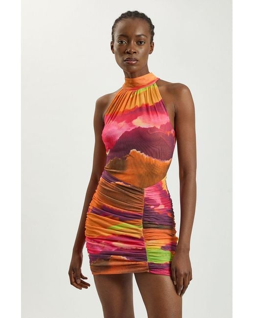 Karen Millen Red Marbled Printed Mesh Jersey High Neck Mini Dress