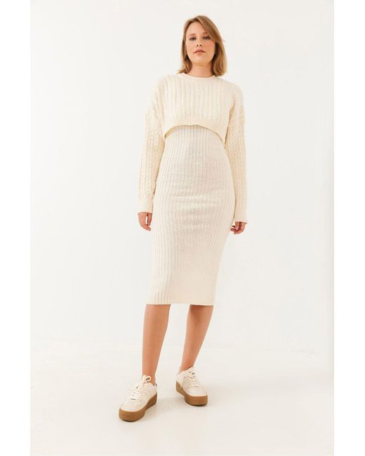 Bianco Lucci Natural Ribbed Knit Co-Ord Set With Crew Neck