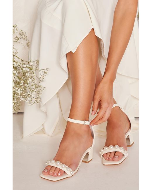 Quiz Natural Bridal Pearl Strap Block Heeled Sandals