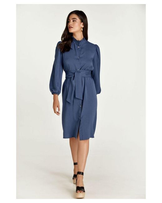 Conquista Blue Belted Long Sleeve Dress