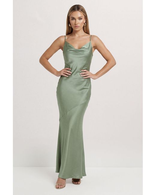 MissPap Green Premium Satin Bow Back Bias Cut Bridesmaid Dress