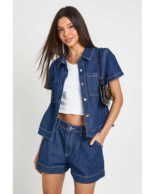 Boohoo Blue Pleated Flippy Denim Short