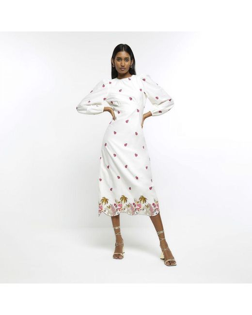 Swing Midi Dress White Embroidered Floral Cotton