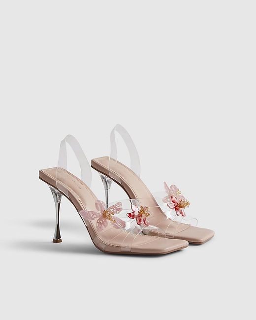 River Island Pink Heels Perspex Straps Flower Square Pu
