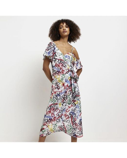 River Island White Wrap Midi Dress Printed