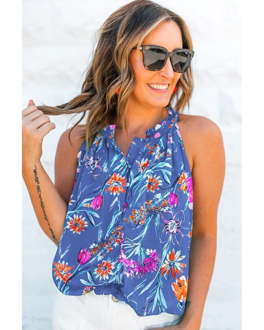 Azura Exchange Blue Floral Print Buttoned Neckline Tank Top
