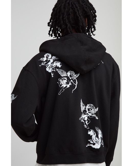 BoohooMAN Black Oversized Boxy Zip Through Cherub Printed Hoodie for men