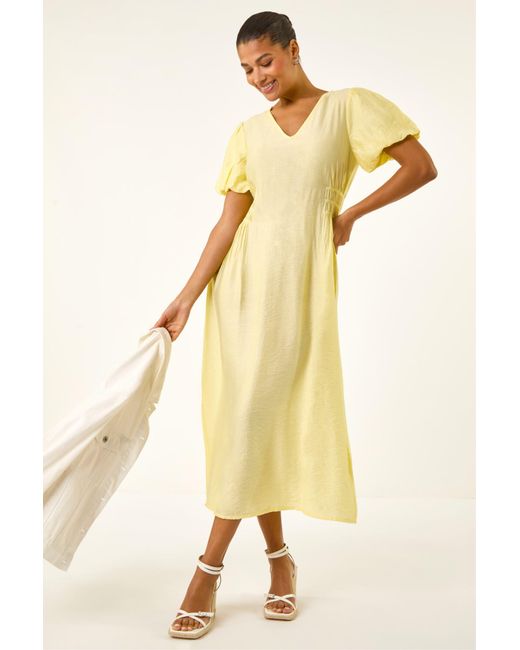 Roman Yellow Balloon Sleeve Midi Dress