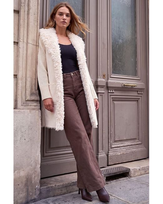 Roman Brown Longline Faux Shearling Knit Coatigan