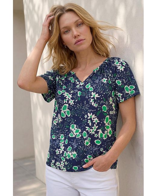 Roman Blue Floral Gathered V-Neck Top