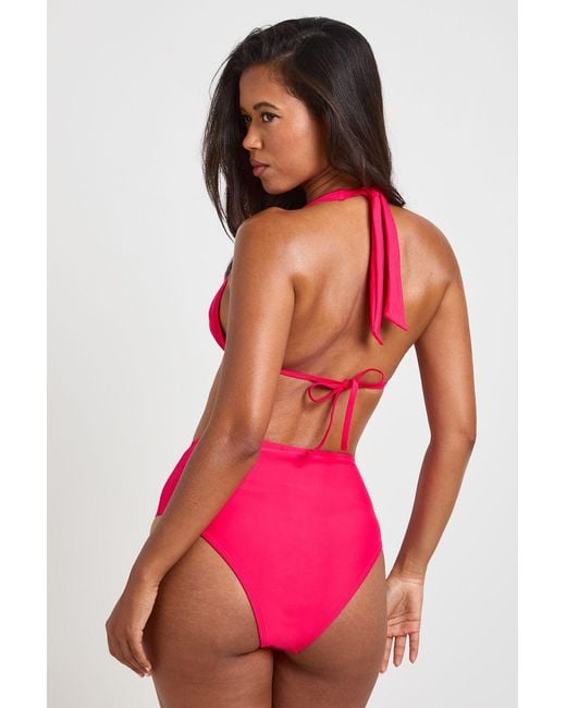 Boohoo Red Tummy Control Halterneck Triangle Bikini Top & High Waisted Bottoms Set