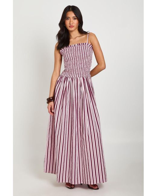 Boohoo Purple Stripe Cotton Shirred Skater Maxi Dress