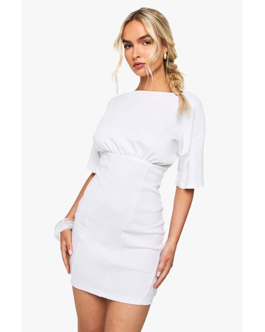 Boohoo White Rib Ruched T-Shirt Dress
