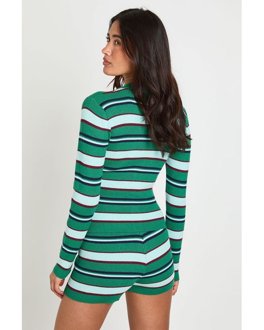 Boohoo Green Rib Knit Stripe Cardigan And Mini Short Co-Ord