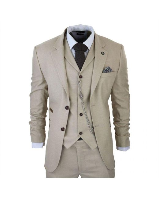 TruClothing Natural 3 Piece Prince Of Wales Check Suit for men