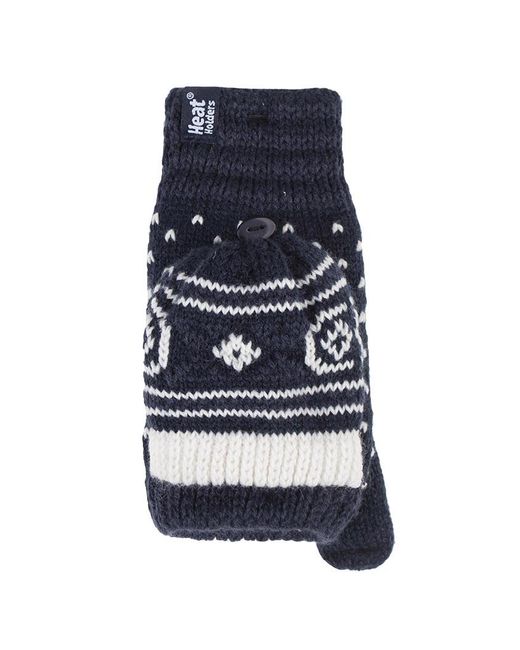 Heat Holders Blue Ladies Warm Fairisle Patterned Thermal Fingerless Converter Gloves