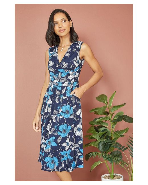 Mela London Blue Floral Print Stretch Wrap Over Midi Dress With Pockets