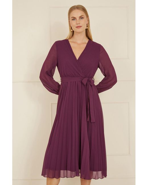 Yumi' Purple Plum Pleated Wrap Midi Dress With Sheer Long Sleeves