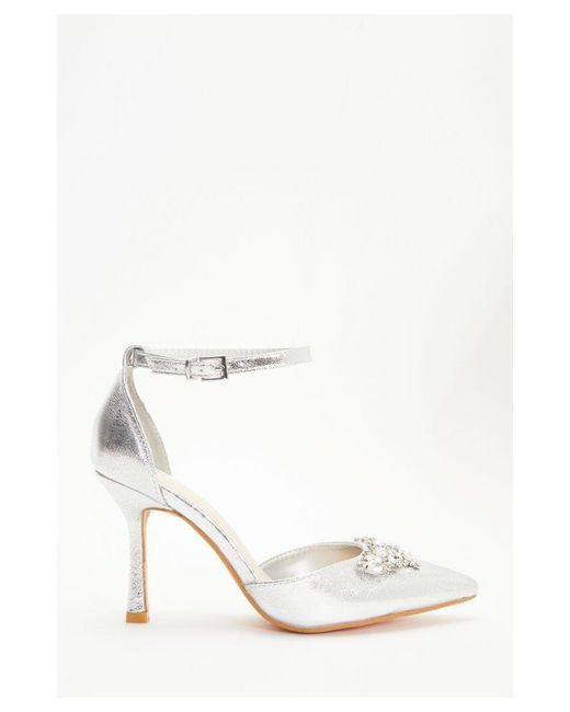 Quiz White Wide Fit Silver Foil Diamante Court Heels