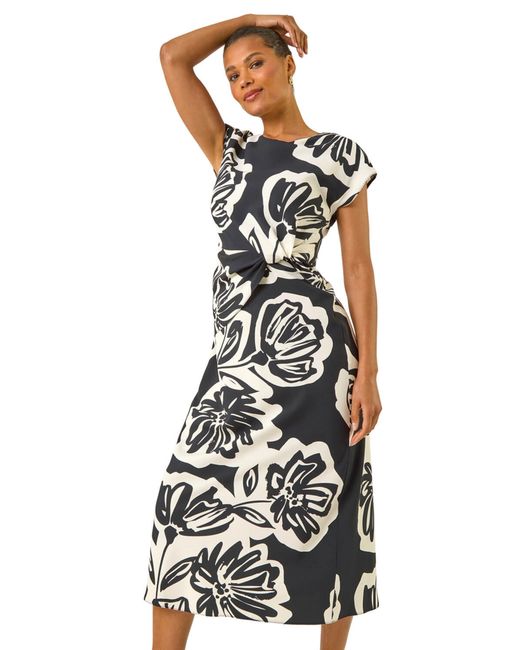 Roman White Abstract Printed Gathered Wrap Dress