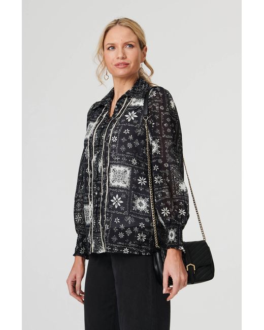 Izabel London Gray Mosaic Print Button-Up Semi Sheer Shirt