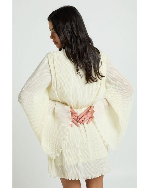 Boohoo Natural Plisse Ruffle Hem Plunge Front Skater Dress
