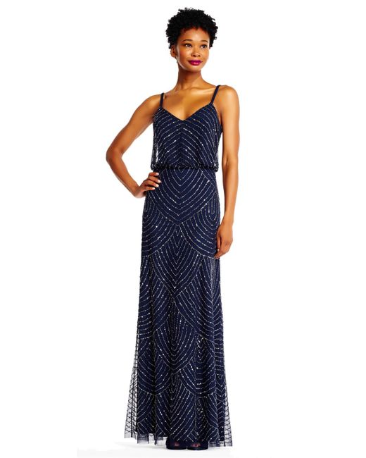 Adrianna Papell Blue Blouson Beaded Gown