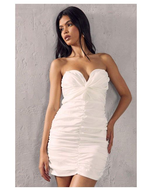 MissPap White Satin Sweetheart Neckline Ruched Bandeau Mini Dress