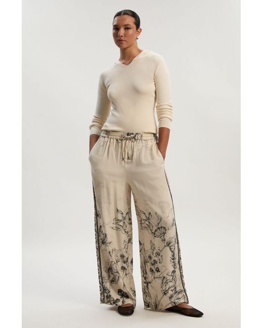 Karen Millen Natural Viscose Linen Scenic Placed Print Woven Wide Leg Trousers