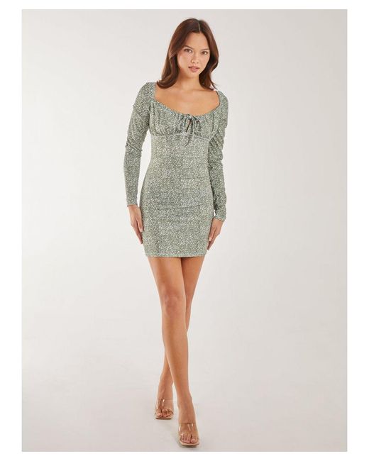 Pink Vanilla Gray Long Sleeve Ditsy Floral Dress