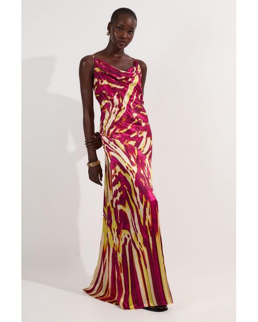 Karen Millen Red Viscose Satin Border Print Strappy Woven Maxi Dress