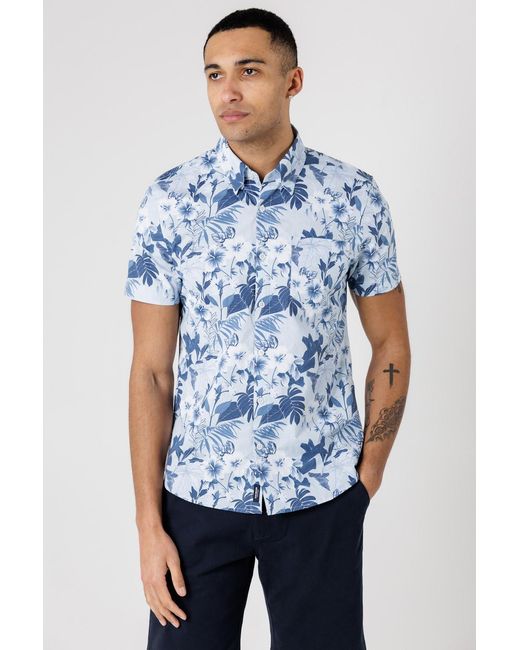 Kensington Eastside Blue Light Cotton Poplin Button-Up Tropical Print Shirt for men