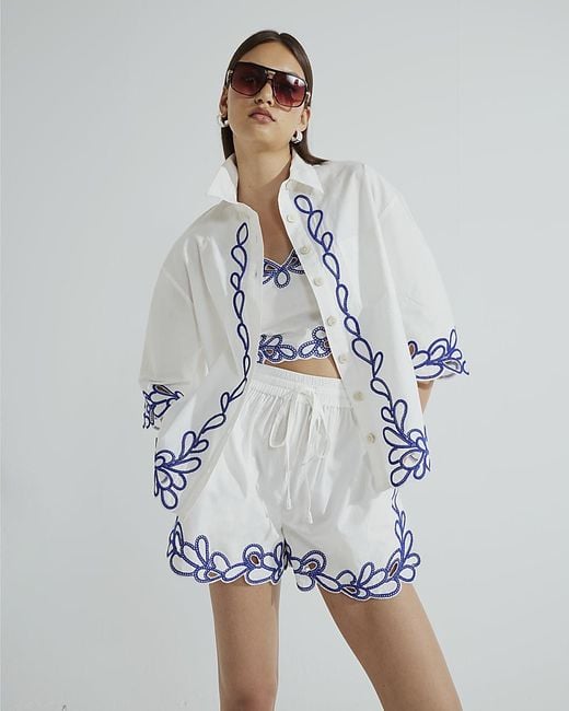 River Island White Shirt Boxy Fit Cornelli Embroidered Cotton