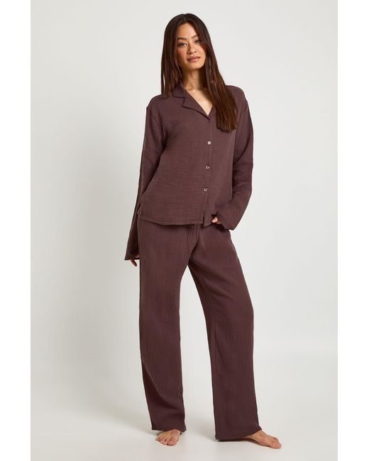 Boohoo Red Tall Muslin Long Sleeve Shirt & Trouser Pyjama Set