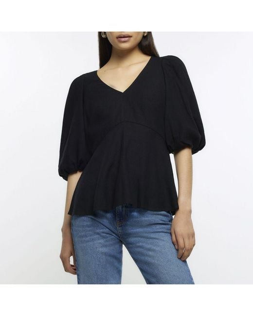 River Island Black Top Puff Sleeve With Linen Viscose