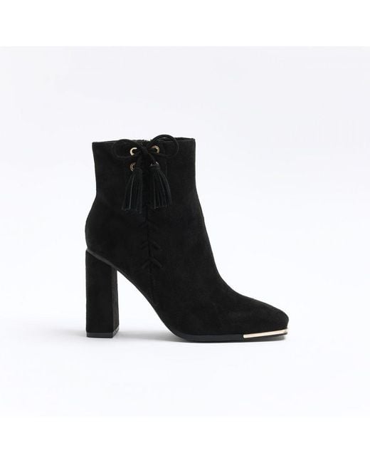 River Island Black Heeled Boots Suedette Lace Up Detail