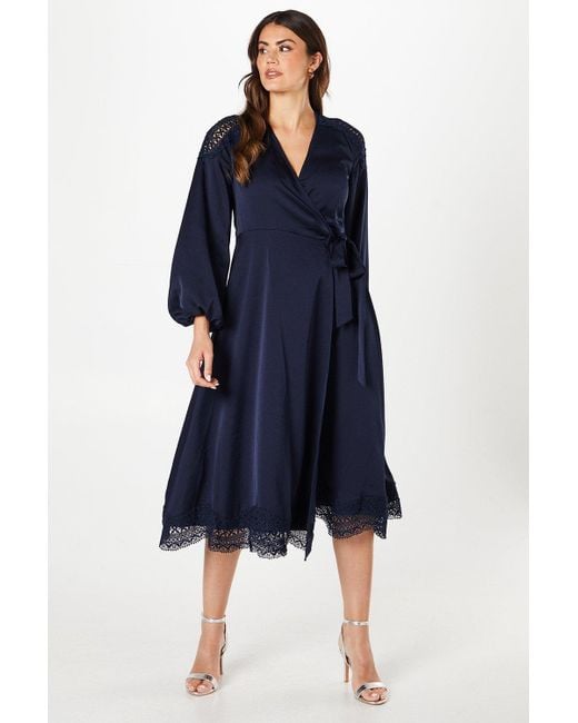 Wallis Blue Lace Insert Wrap Midi Dress