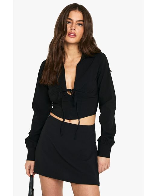 Boohoo Black Bengaline Long Sleeve Plunge Front Top